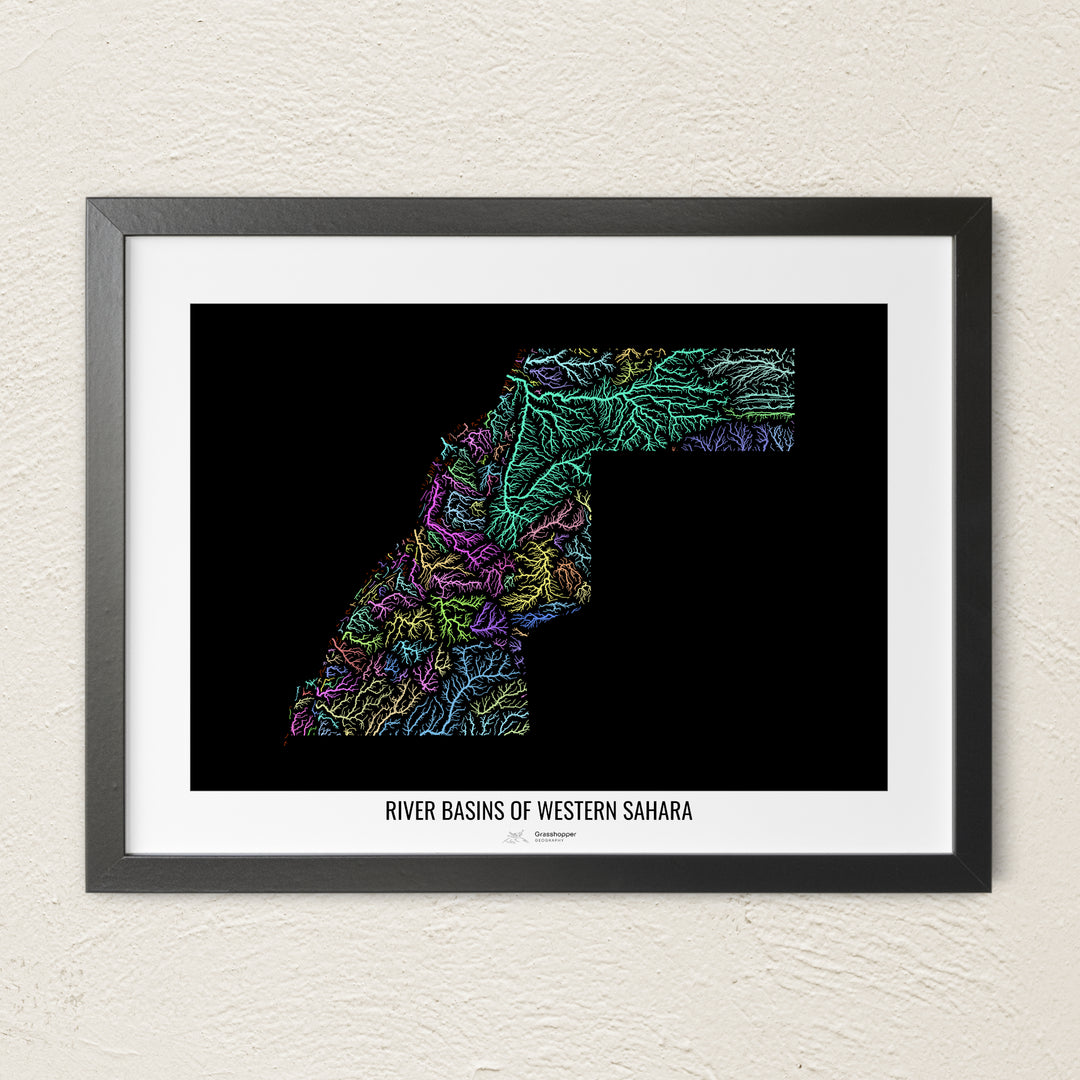 A colorful Grasshopper Geography river map on a light wall. The premium fine art poster is in a black frame with a white border. The name of the country, continent or region is printed under the image.