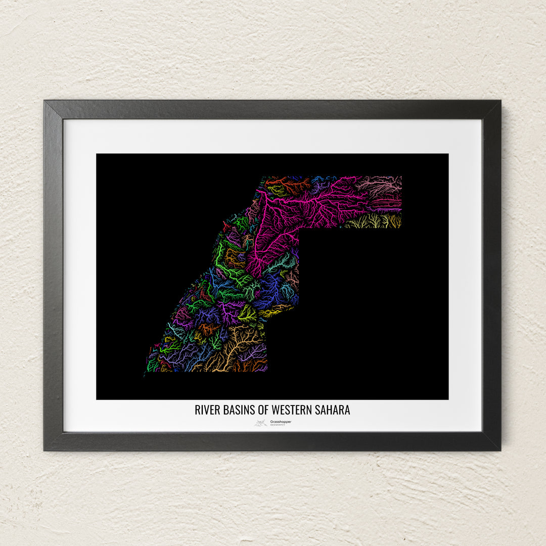 A colorful Grasshopper Geography river map on a light wall. The premium fine art poster is in a black frame with a white border. The name of the country, continent or region is printed under the image.