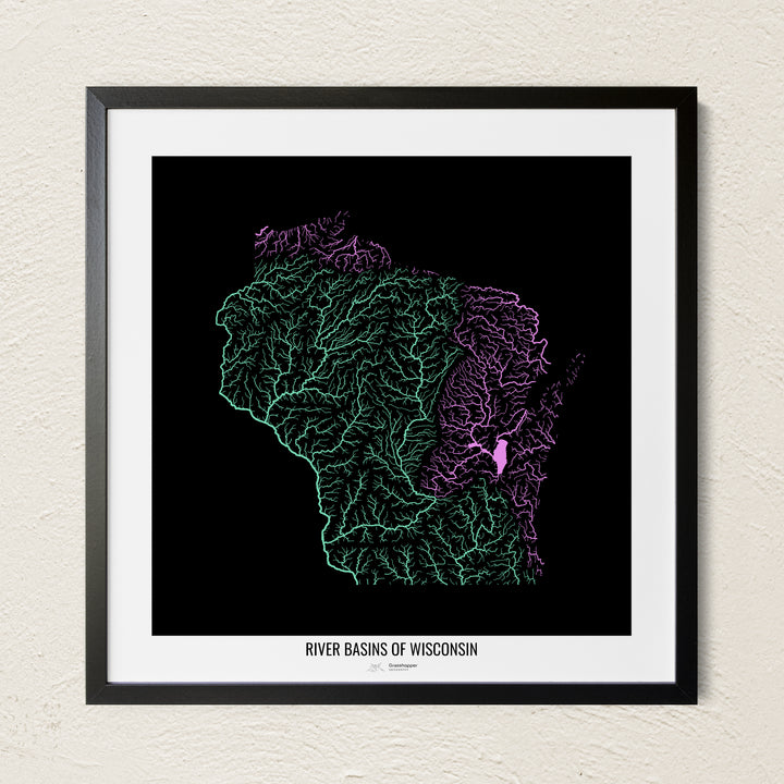 A colorful Grasshopper Geography river map on a light wall. The premium fine art poster is in a black frame with a white border. The name of the country, continent or region is printed under the image.