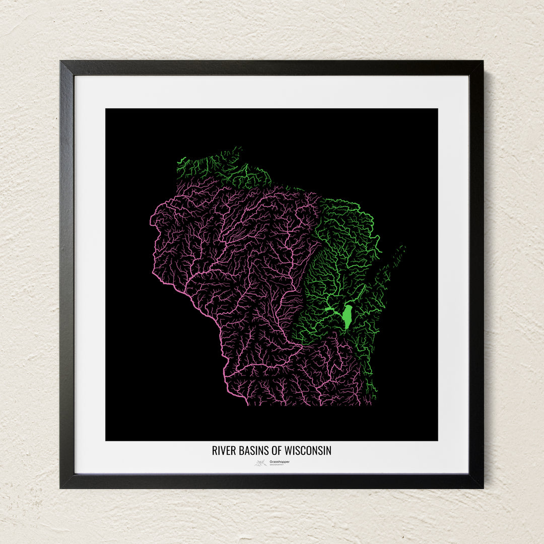 A colorful Grasshopper Geography river map on a light wall. The premium fine art poster is in a black frame with a white border. The name of the country, continent or region is printed under the image.