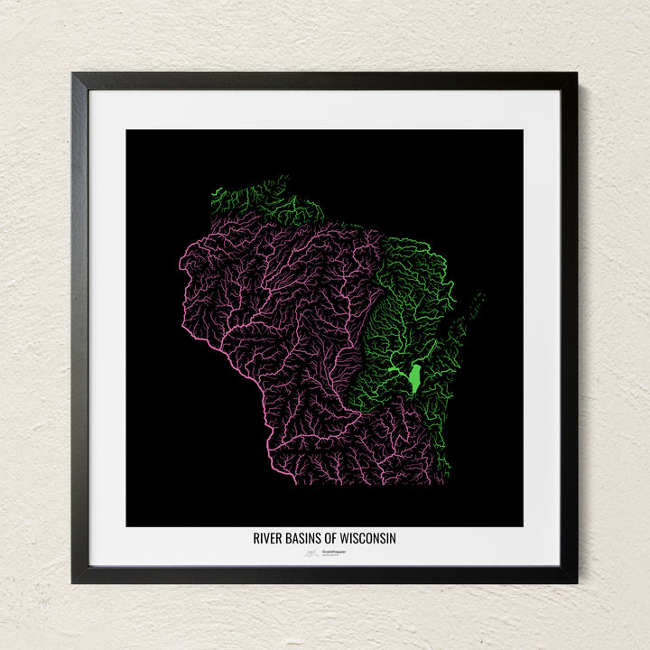 A colorful Grasshopper Geography river map on a light wall. The premium fine art poster is in a black frame with a white border. The name of the country, continent or region is printed under the image.