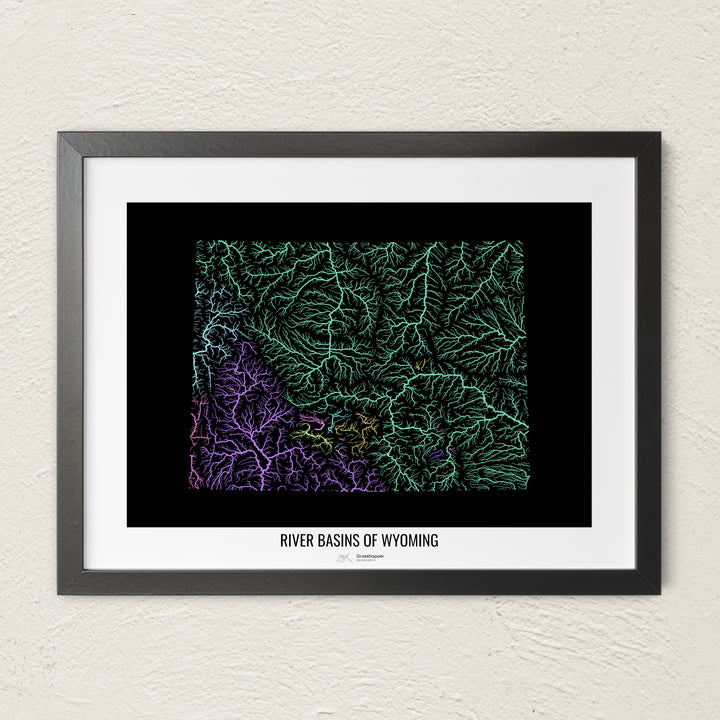 A colorful Grasshopper Geography river map on a light wall. The premium fine art poster is in a black frame with a white border. The name of the country, continent or region is printed under the image.