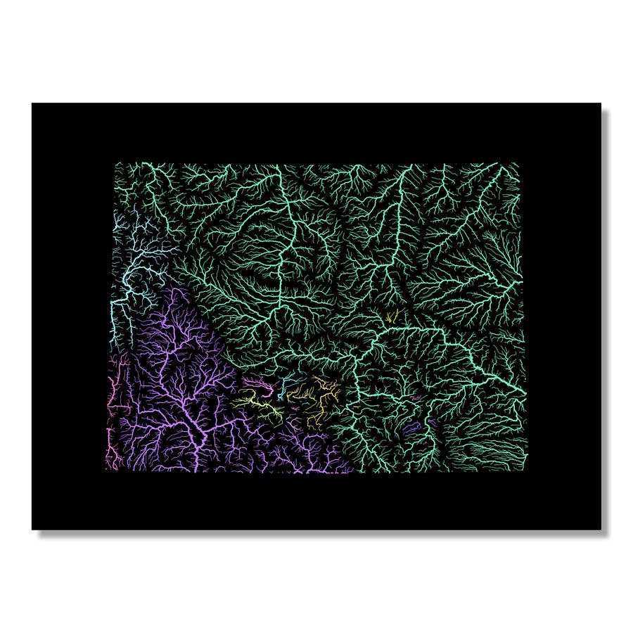 Wyoming - River basin map, pastel colours - Wall Art by Grasshopper Geography. Image of a high-resolution map created by geographer Robert Szucs, available as wall art and for licensing.