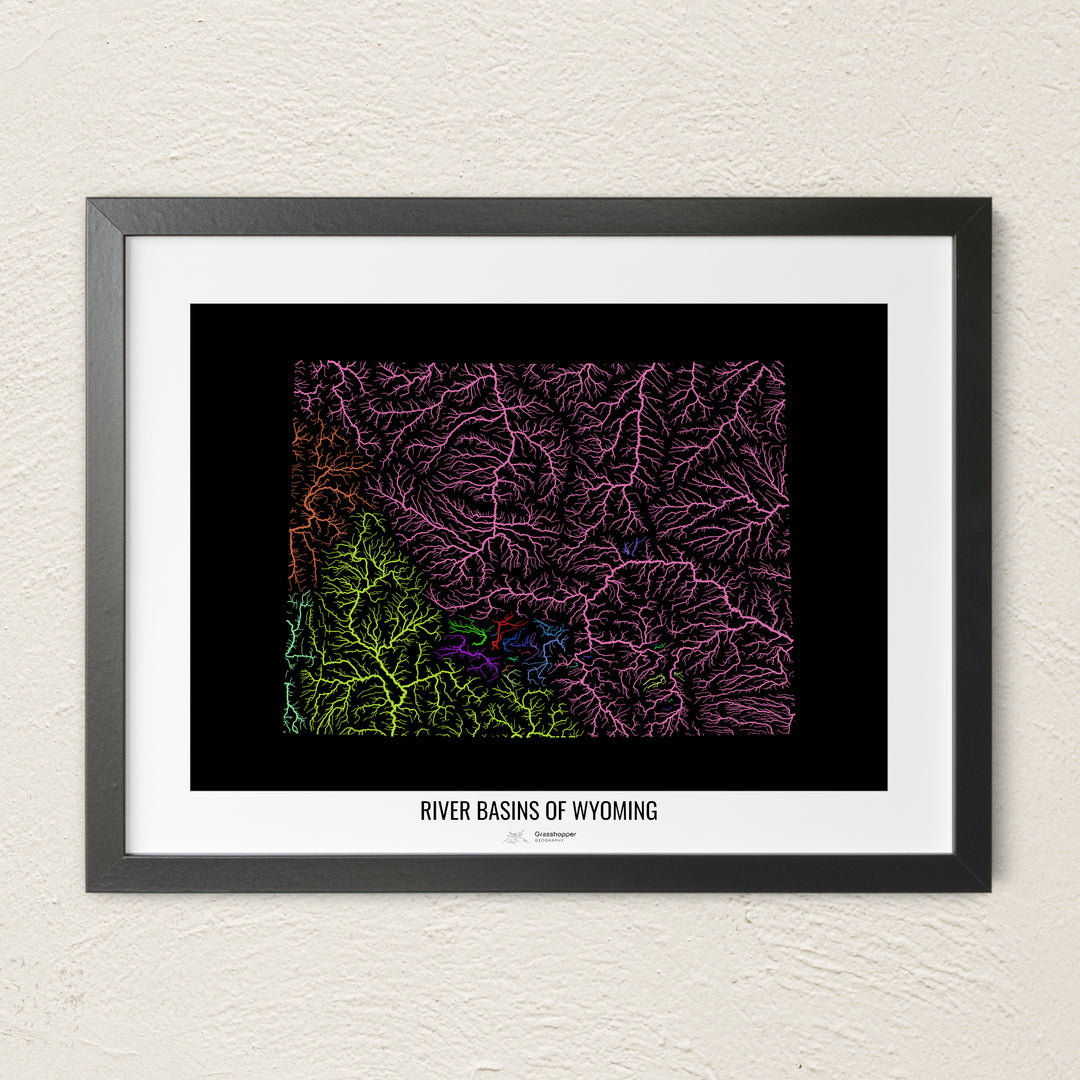A colorful Grasshopper Geography river map on a light wall. The premium fine art poster is in a black frame with a white border. The name of the country, continent or region is printed under the image.