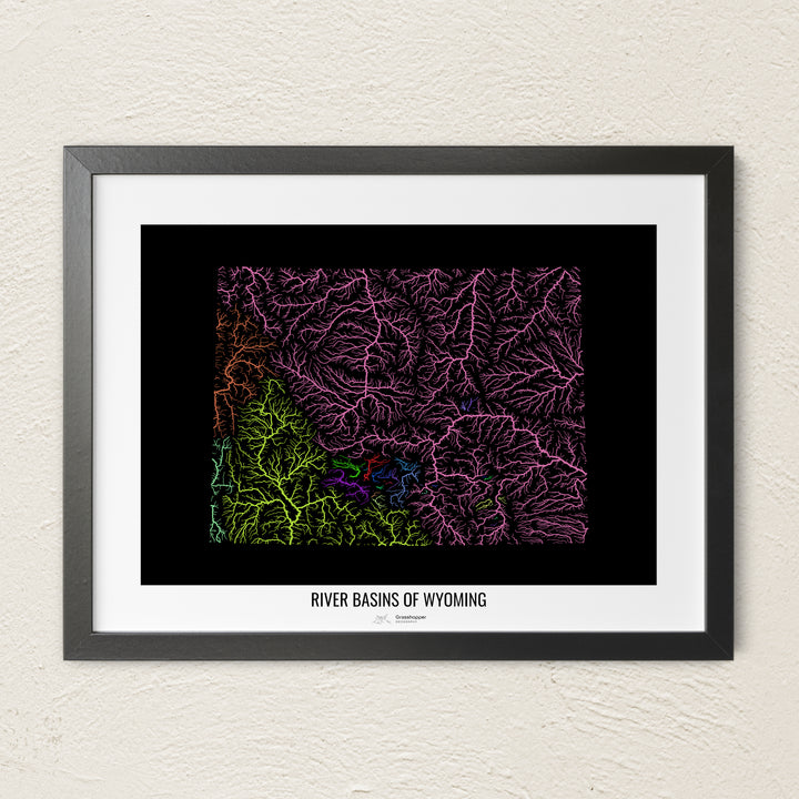 A colorful Grasshopper Geography river map on a light wall. The premium fine art poster is in a black frame with a white border. The name of the country, continent or region is printed under the image.