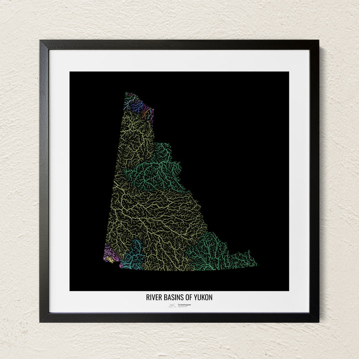 A colorful Grasshopper Geography river map on a light wall. The premium fine art poster is in a black frame with a white border. The name of the country, continent or region is printed under the image.