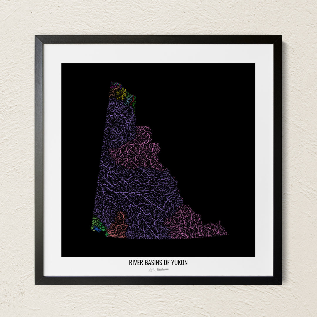 A colorful Grasshopper Geography river map on a light wall. The premium fine art poster is in a black frame with a white border. The name of the country, continent or region is printed under the image.