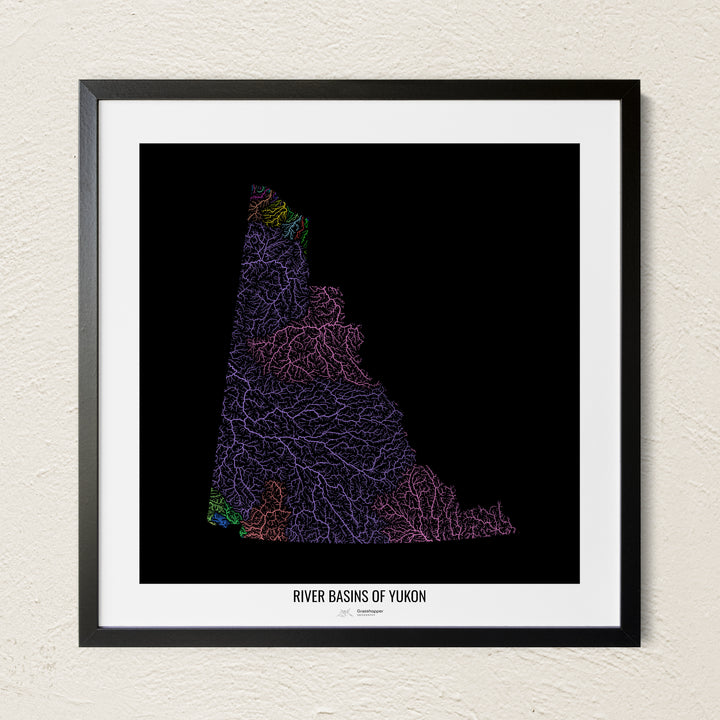 A colorful Grasshopper Geography river map on a light wall. The premium fine art poster is in a black frame with a white border. The name of the country, continent or region is printed under the image.
