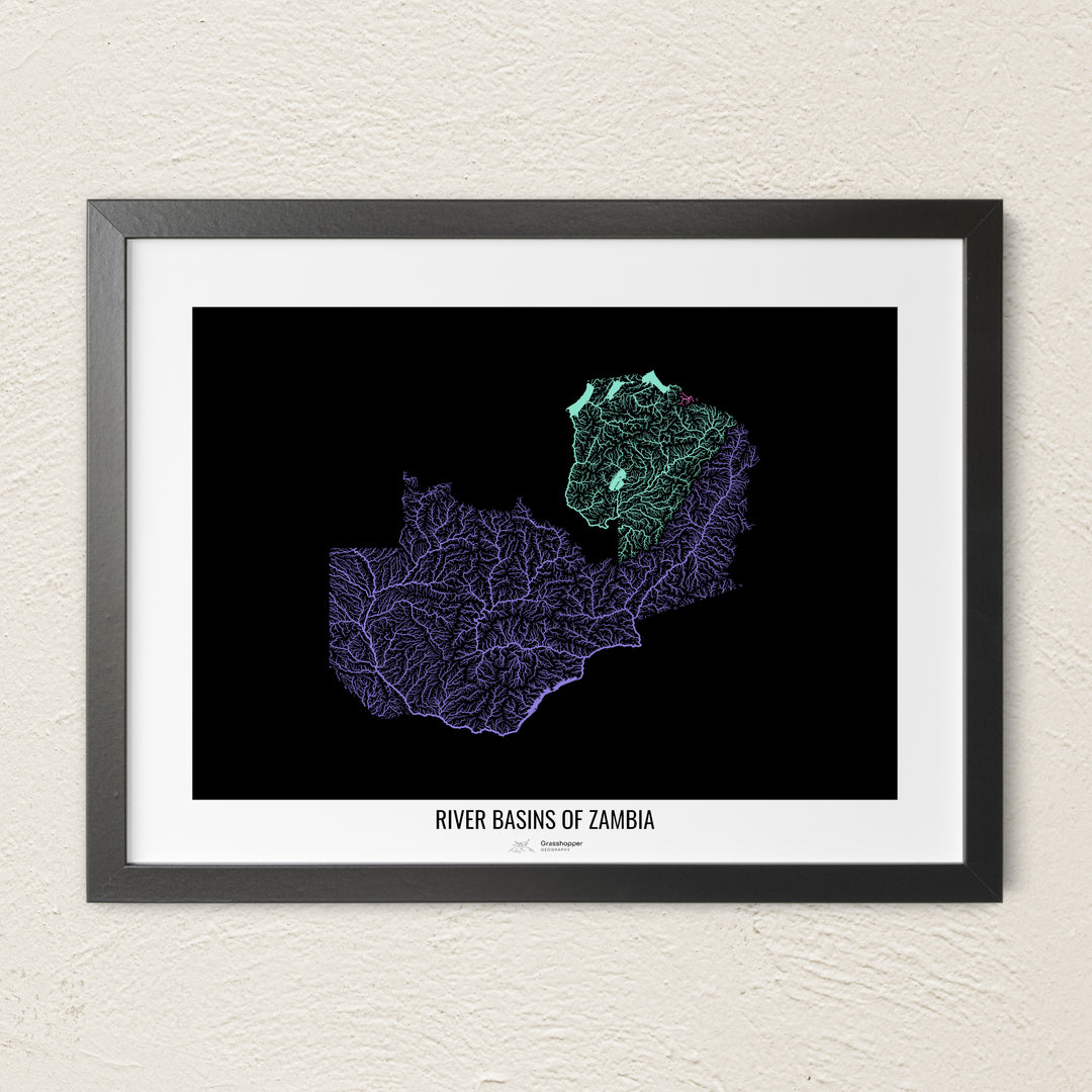 A colorful Grasshopper Geography river map on a light wall. The premium fine art poster is in a black frame with a white border. The name of the country, continent or region is printed under the image.