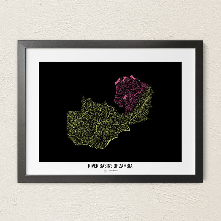 A colorful Grasshopper Geography river map on a light wall. The premium fine art poster is in a black frame with a white border. The name of the country, continent or region is printed under the image.