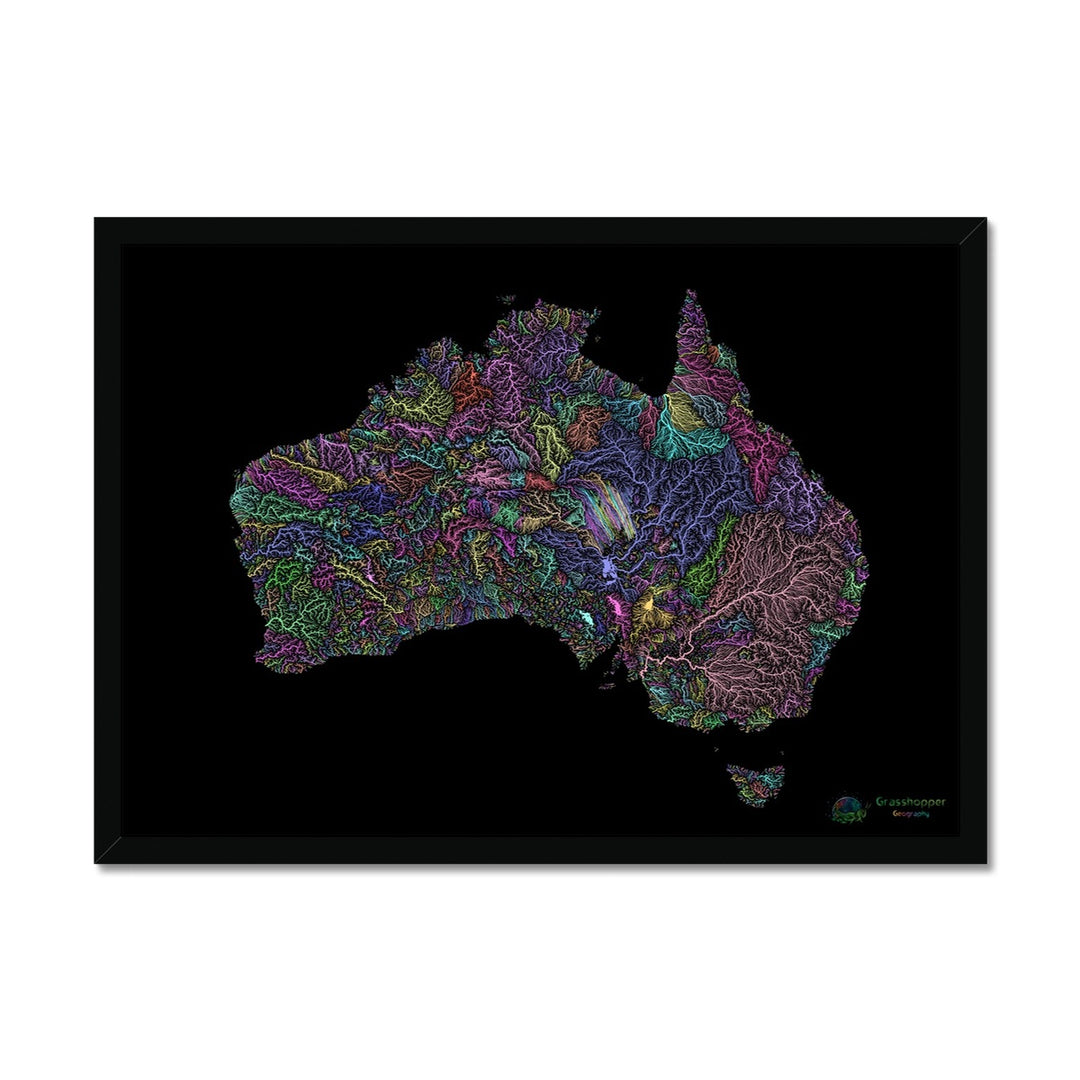 Mapa de la cuenca fluvial de Australia pastel sobre negro Lámina enmarcada