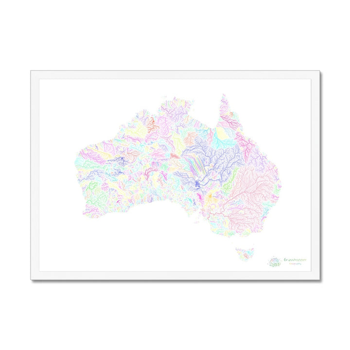 Mapa de la cuenca fluvial de Australia pastel sobre blanco Lámina enmarcada