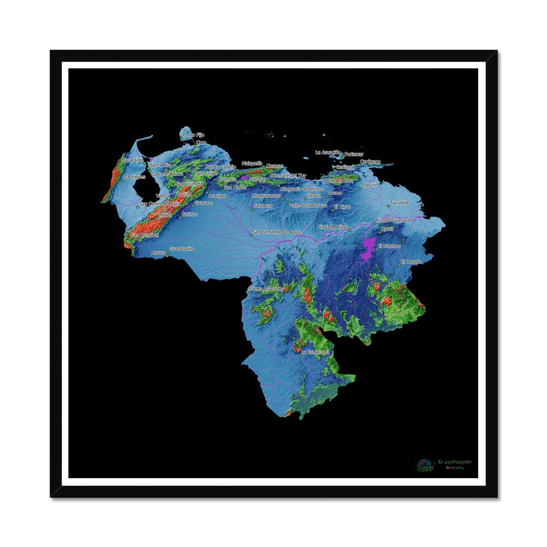 Mapa de elevação da Venezuela PERSONALIZADO Impressão emoldurada