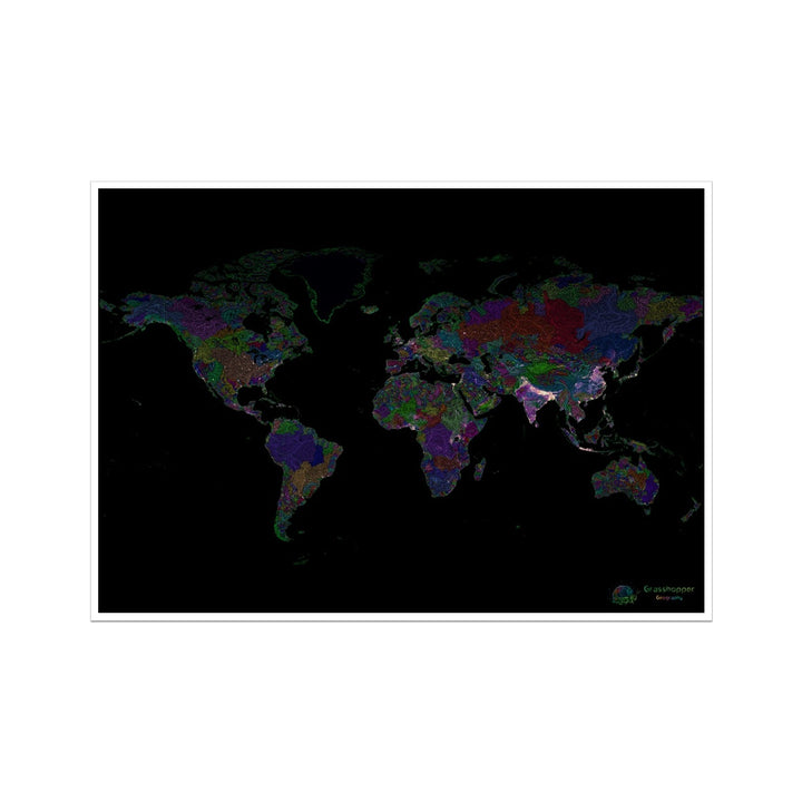 Mapa personalizado de densidad de población y cuenca fluvial del mundo. Impresión de bellas artes