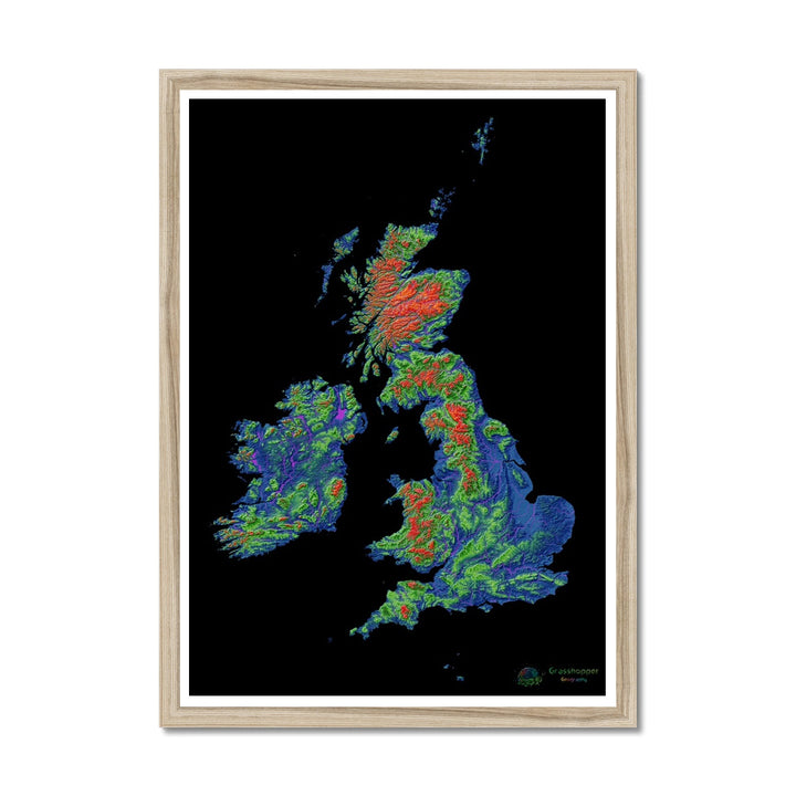 Lámina enmarcada Mapa de elevación de las Islas Británicas con fondo negro