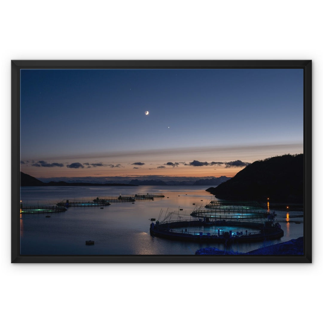 Sunset over the fish pens with a crescent moon II - Framed Canvas