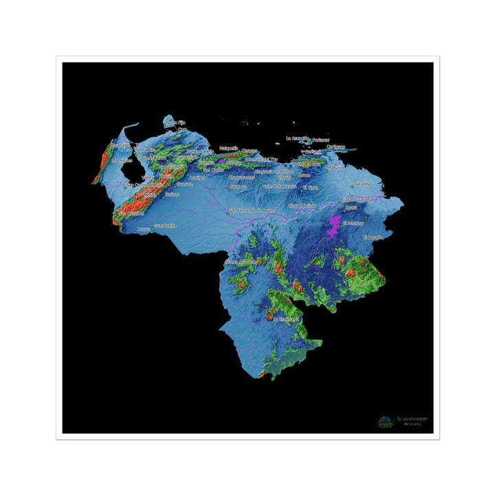 Mapa de elevación PERSONALIZADO de Venezuela Impresión de Bellas Artes