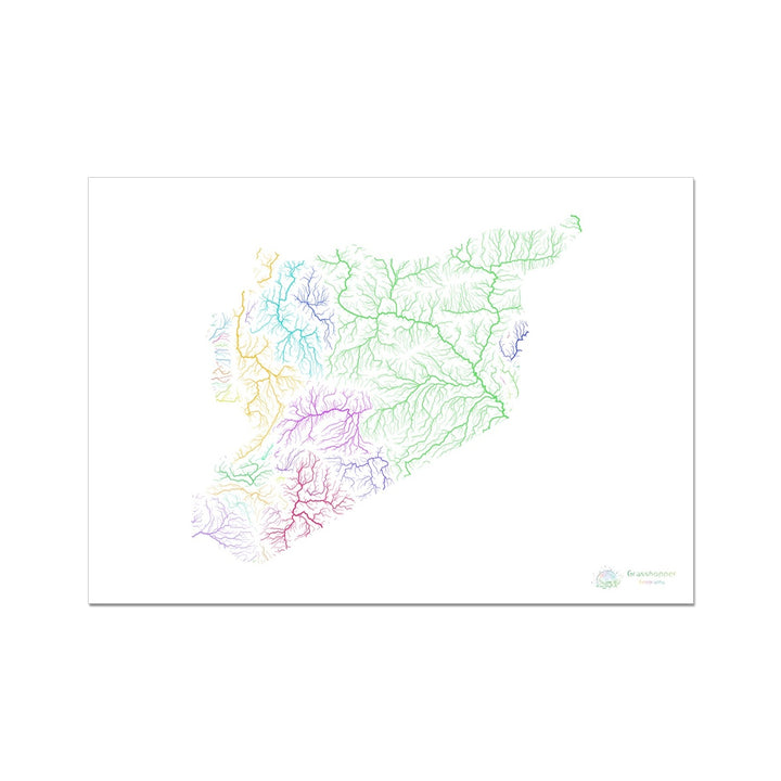 Siria - Mapa de la cuenca fluvial, arco iris sobre blanco - Impresión de Bellas Artes
