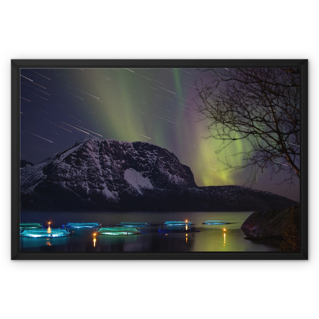 Star trails with aurora above the fish pens V - Framed Canvas