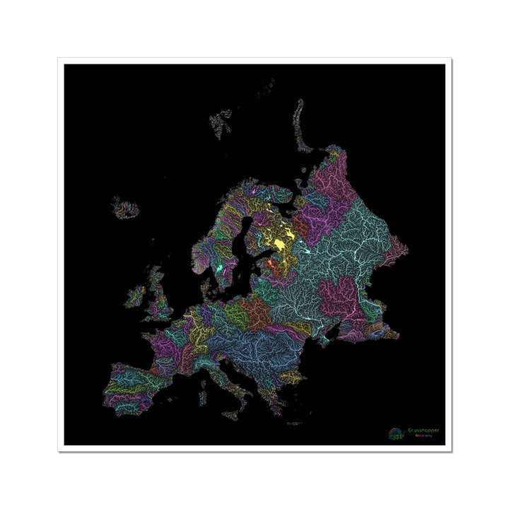 River basin map of Europe pastel on black Wall Art Poster