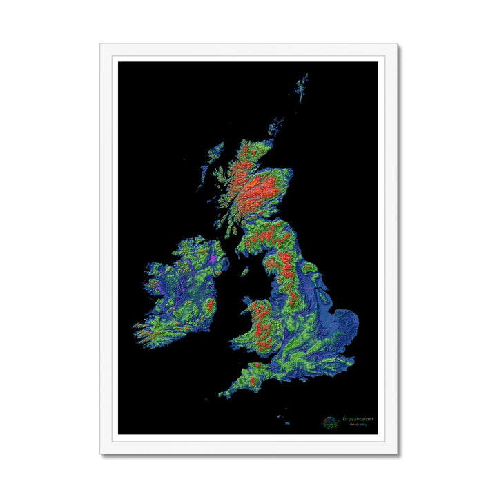 Lámina enmarcada Mapa de elevación de las Islas Británicas con fondo negro