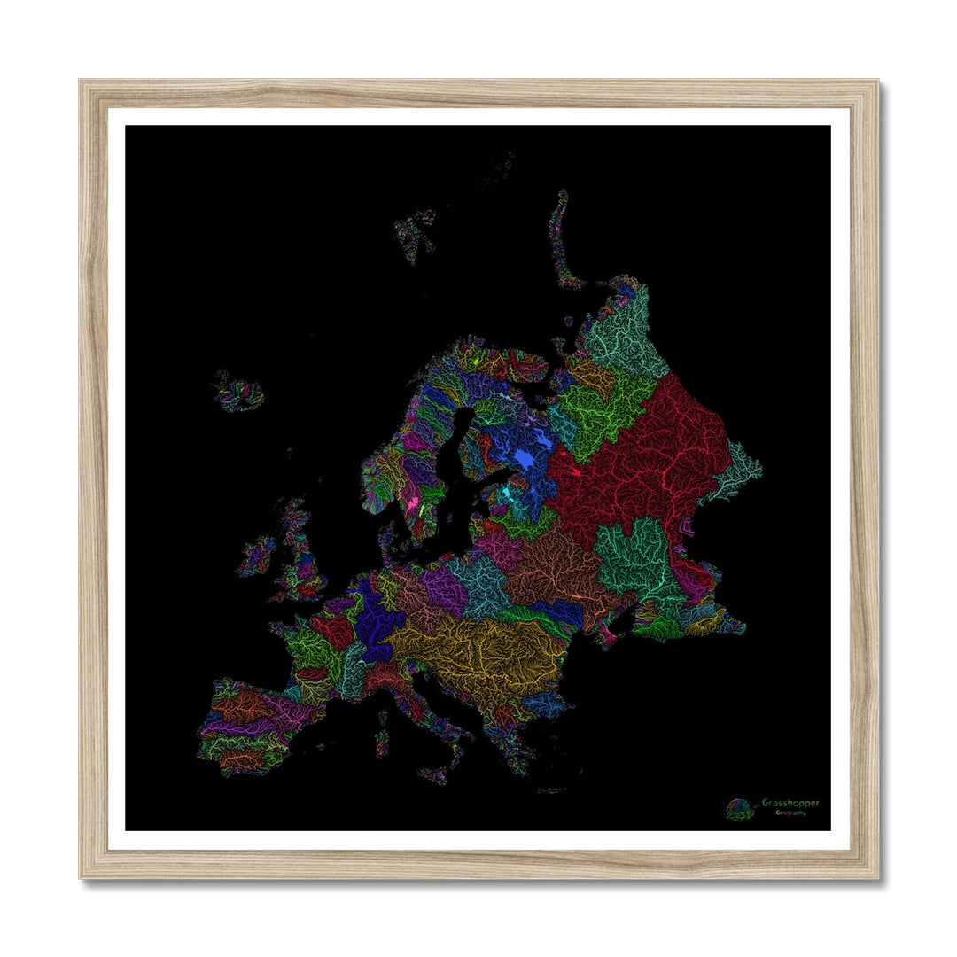 River basin map of Europe with black background Framed Print