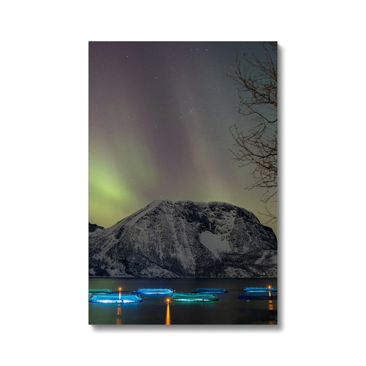 Fish pens across Lundøya with aurora III - Canvas
