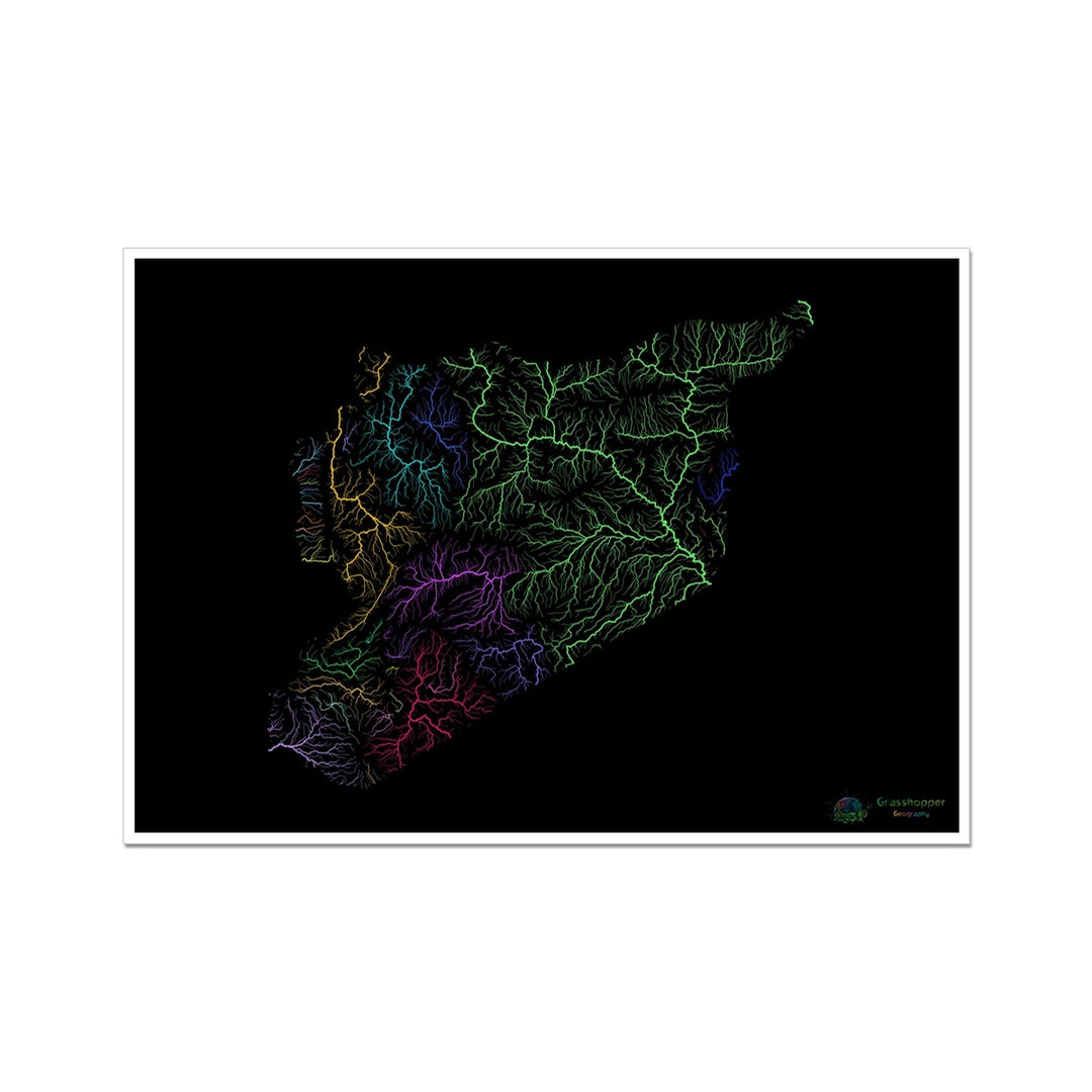 Siria - Mapa de la cuenca fluvial, arco iris sobre negro Lámina artística