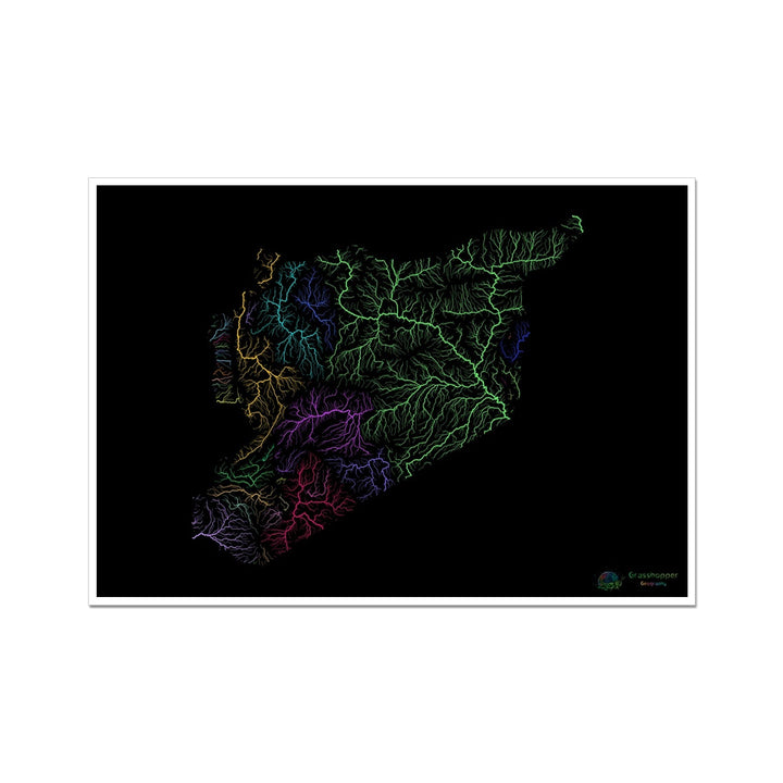 Syria - River basin map, rainbow on black Fine Art Print