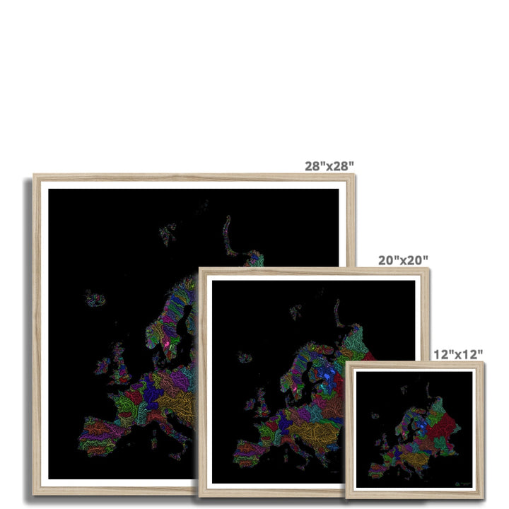 River basin map of Europe with black background Framed Print