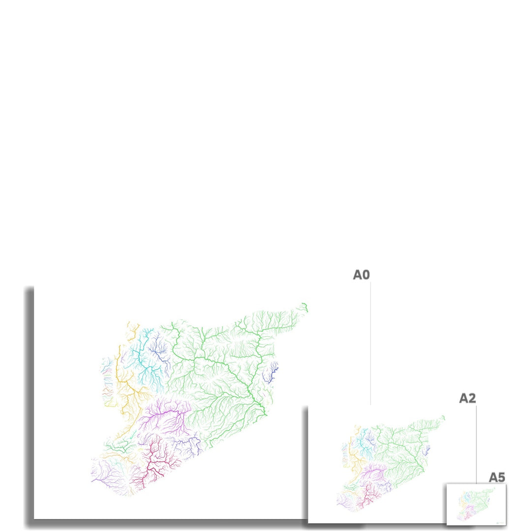 Siria - Mapa de la cuenca fluvial, arco iris sobre blanco - Impresión de Bellas Artes