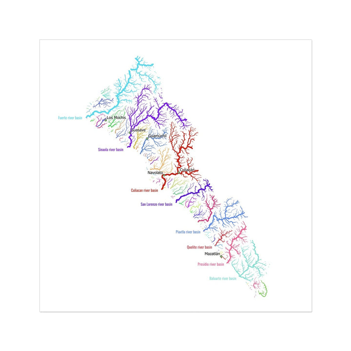 Mapa de la cuenca del río Sinaloa PERSONALIZADO Impresión de Bellas Artes