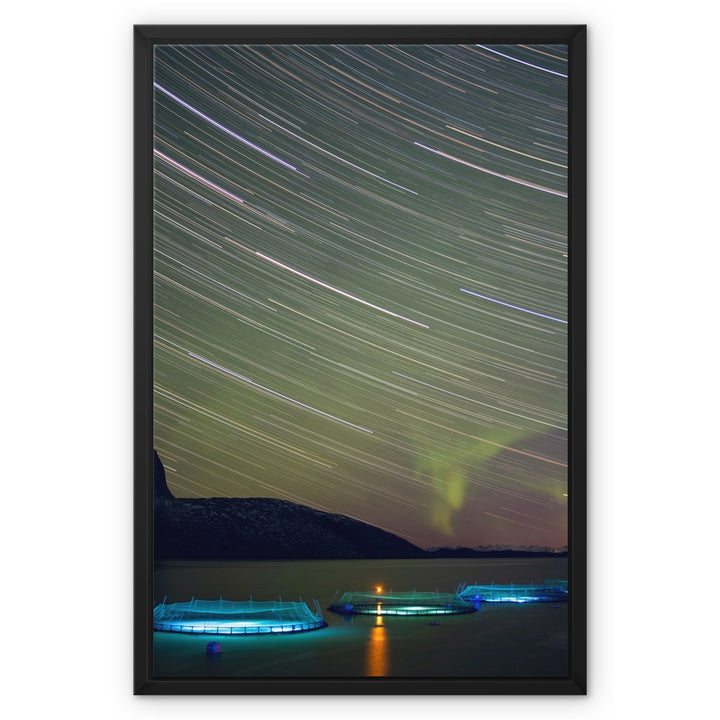 Star trails with aurora above the fish pens I - Framed Canvas