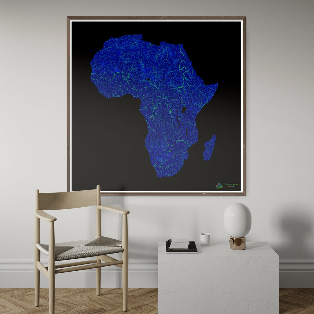 Blue and green river map of Africa with black background Fine Art Print