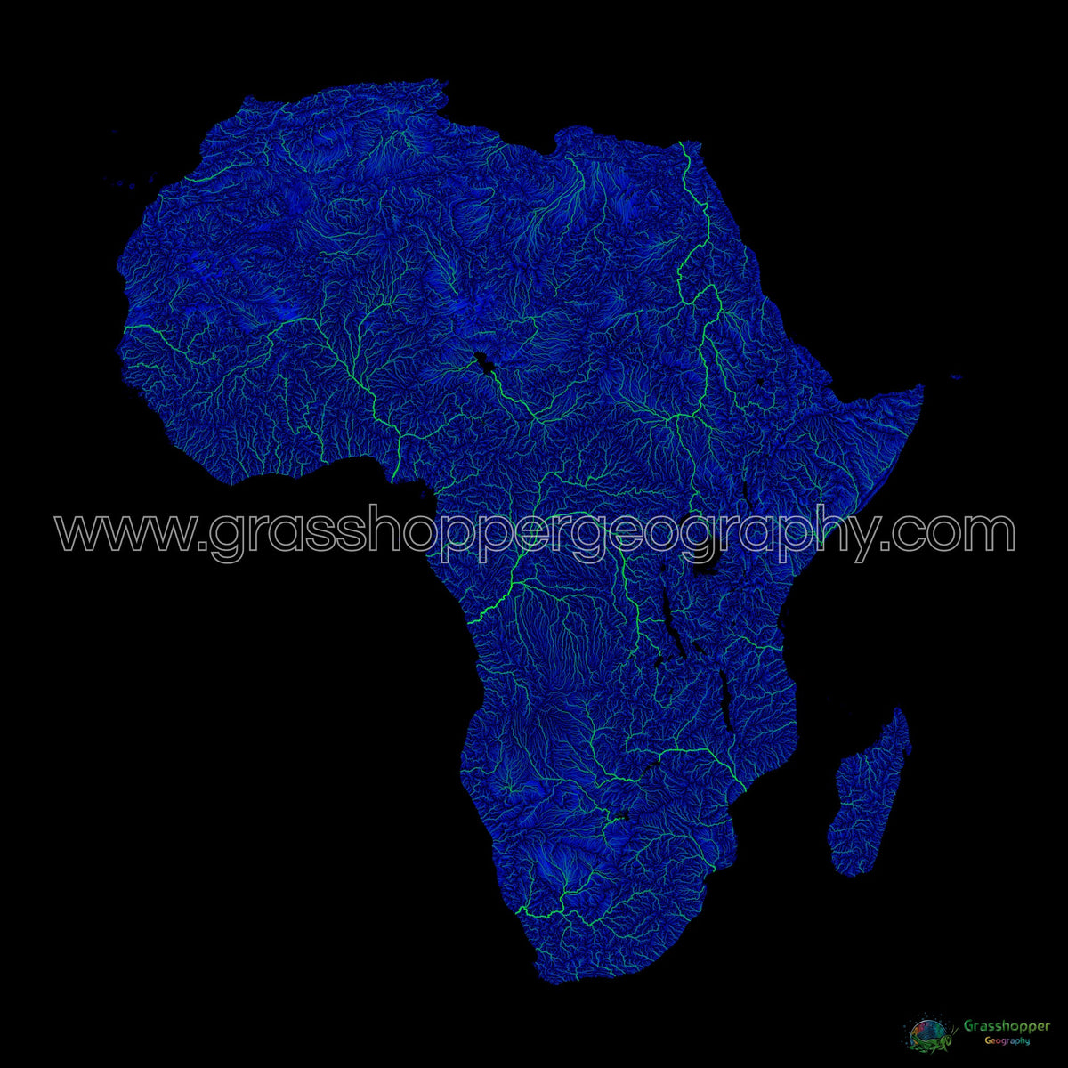 Africa - Blue and green river map on black - Fine Art Print ...