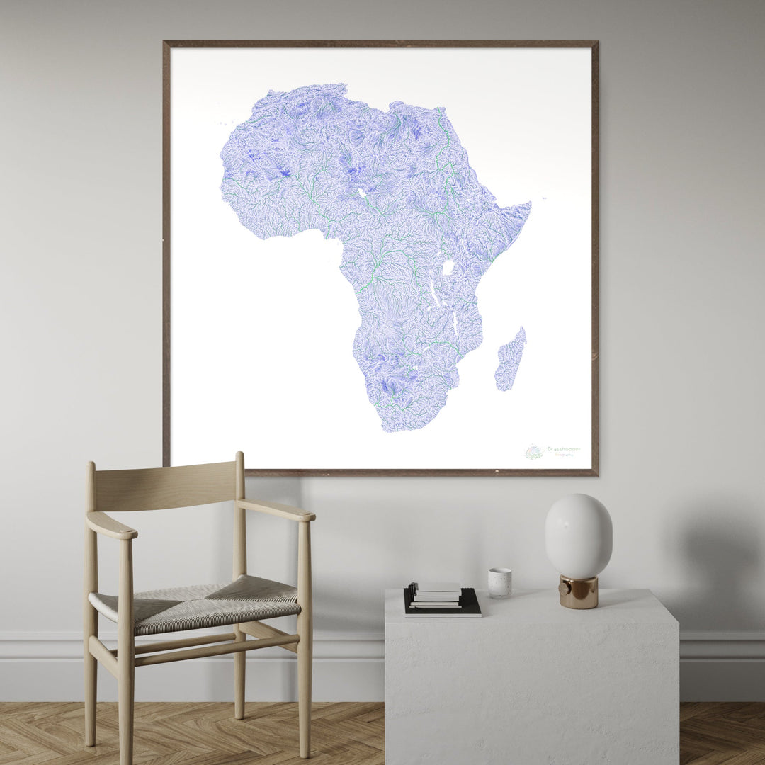 África - Mapa del río azul y verde sobre blanco - Impresión de Bellas Artes