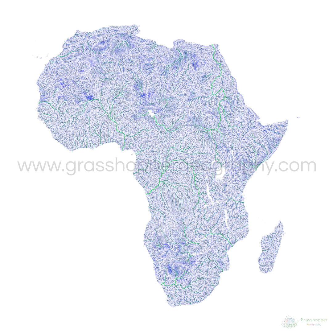 África - Mapa del río azul y verde sobre blanco - Impresión de Bellas Artes