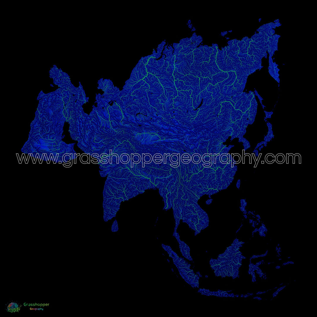 Blue and green river map of Asia with black background Fine Art Print