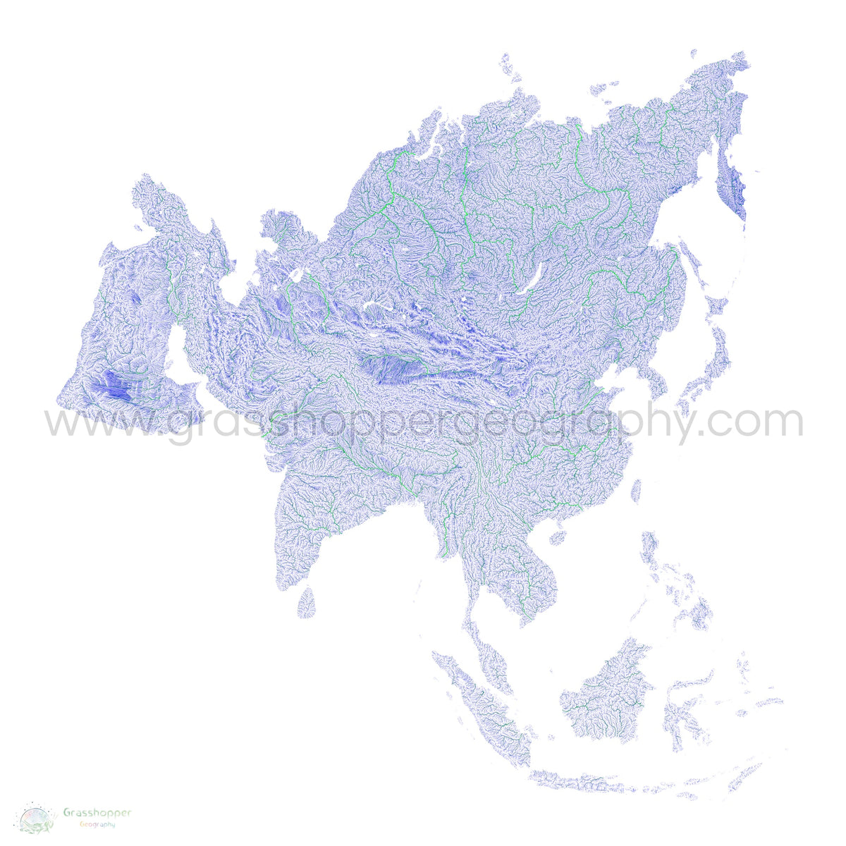 Asia - Blue and green river map on white - Fine Art Print – Grasshopper ...