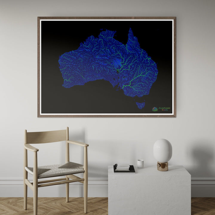 Australia - Mapa del río azul y verde sobre negro - Impresión de Bellas Artes