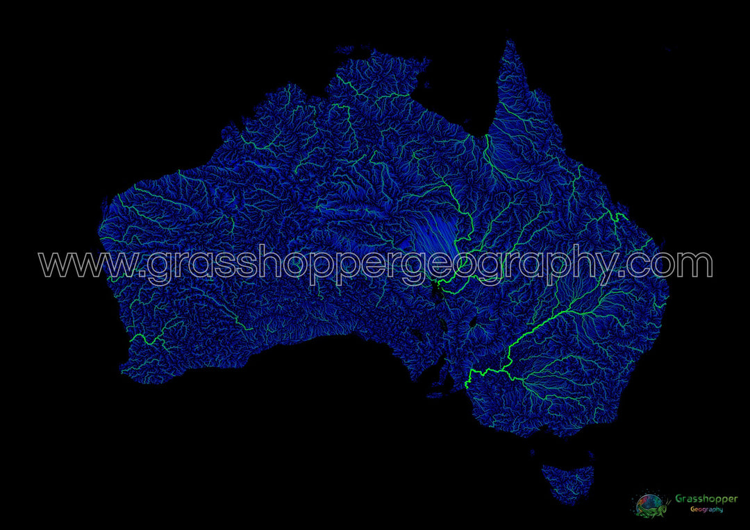 Blue and green river map of Australia with black background Fine Art Print