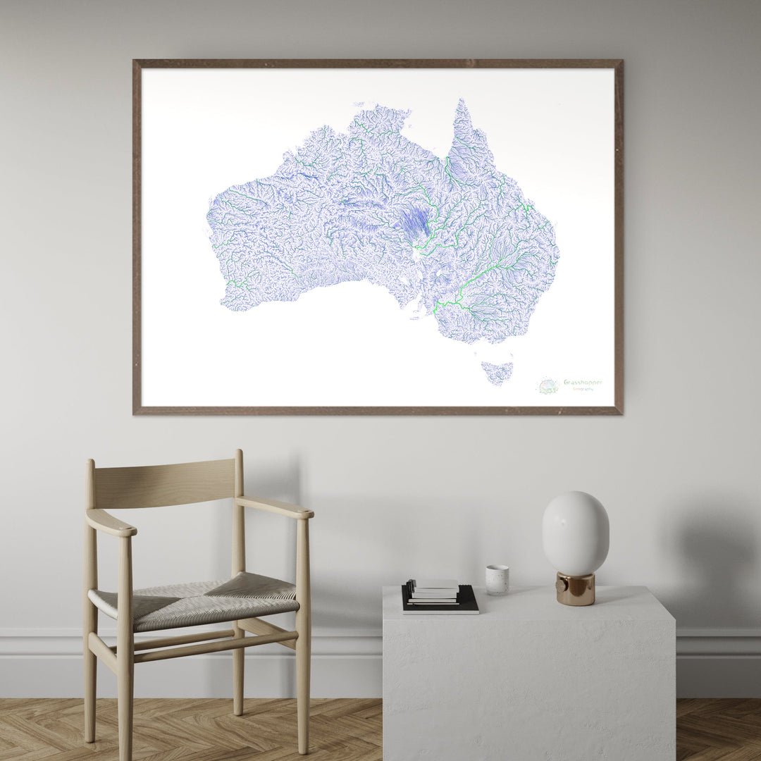 Australia - Mapa del río azul y verde sobre blanco - Impresión de Bellas Artes