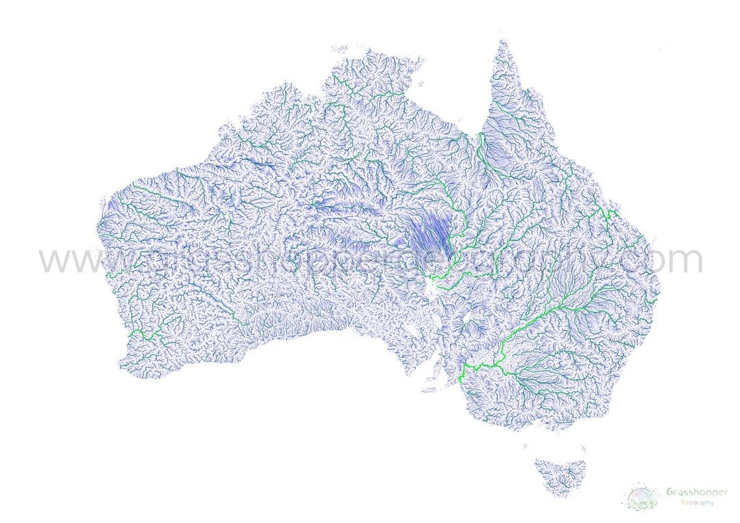 Australie - Carte fluviale bleue et verte sur blanc - Tirage d'art