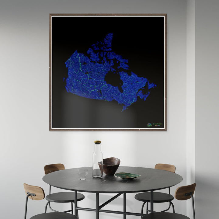 Canada - Blue and green river map on black - Fine Art Print