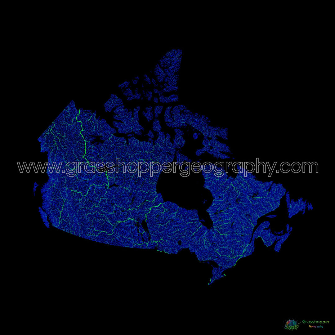 Canada - Blue and green river map on black - Fine Art Print
