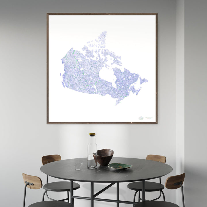 Canadá - Mapa del río azul y verde sobre blanco - Impresión de Bellas Artes