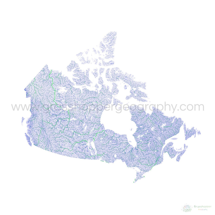 Blue and green river map of Canada with white background Fine Art Print