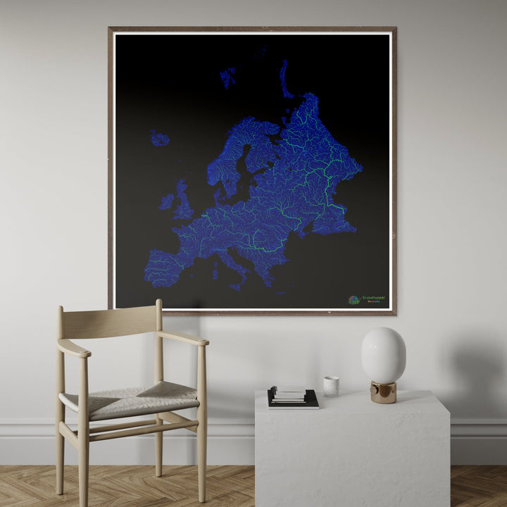 Europa - Mapa de ríos azules y verdes sobre negro - Impresión de Bellas Artes