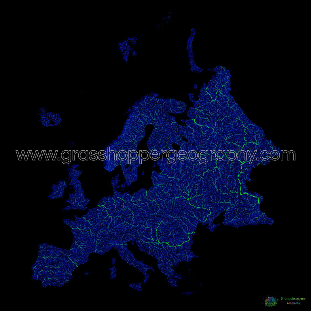 Europe - Carte fluviale bleue et verte sur fond noir - Tirage d'art
