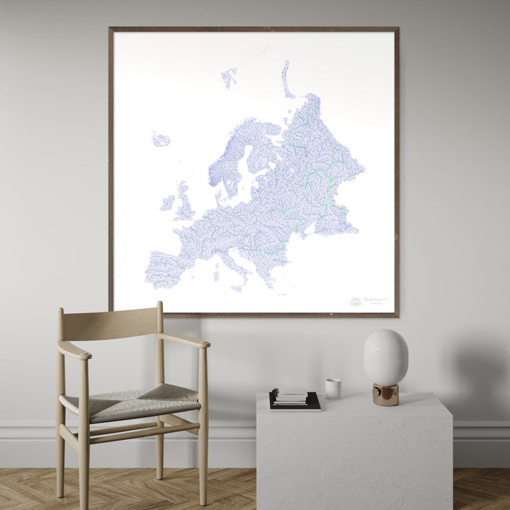 Europe - Blue and green river map on white - Fine Art Print